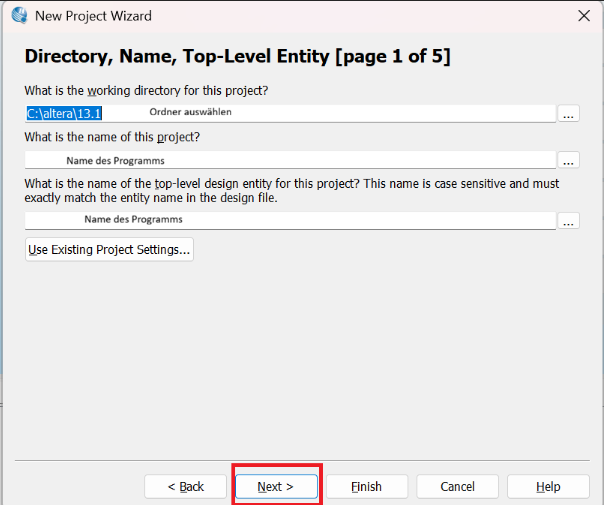 Project Name und Verzeichnis